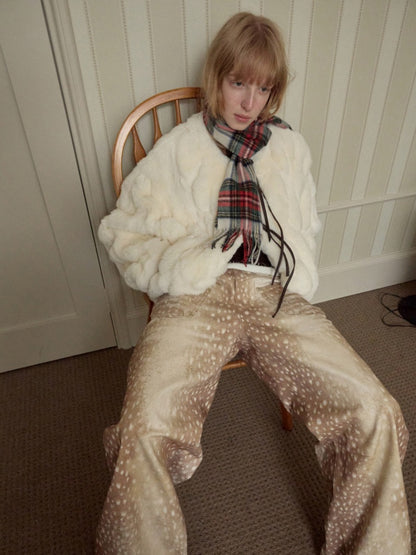 Rabbit Fur Crew Neck Horn Buckle Lace-Up Loose Plush Short Coat【s0000014970】