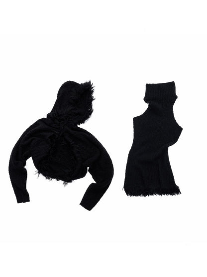 Imitation Mink Tassel Knit Vest Hooded Horn Buckle Loose Lazy Shoulder Set【s0000014971】