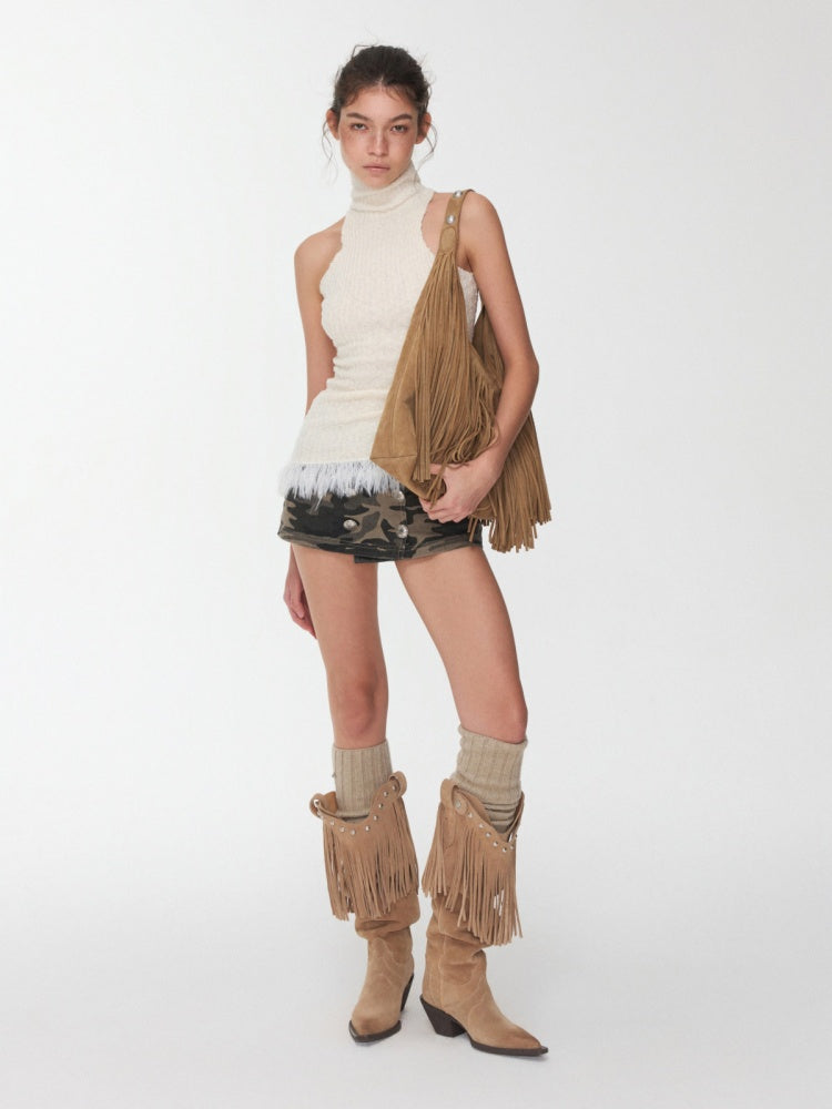 Imitation Mink Tassel Knit Vest Hooded Horn Buckle Loose Lazy Shoulder Set【s0000014971】