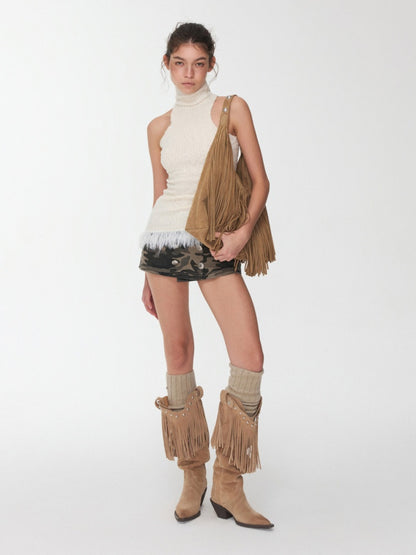 Imitation Mink Tassel Knit Vest Hooded Horn Buckle Loose Lazy Shoulder Set【s0000014971】