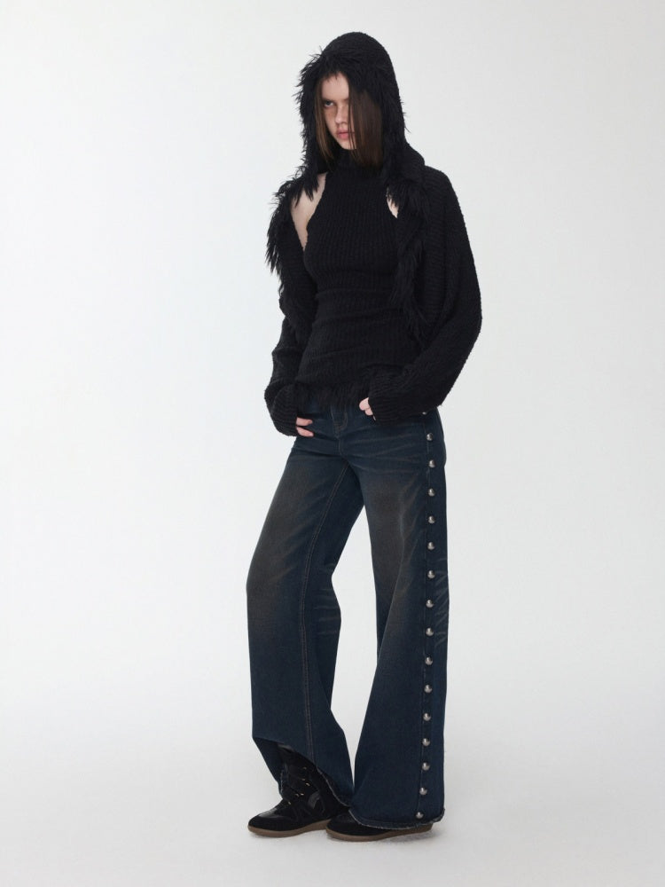 Imitation Mink Tassel Knit Vest Hooded Horn Buckle Loose Lazy Shoulder Set【s0000014971】