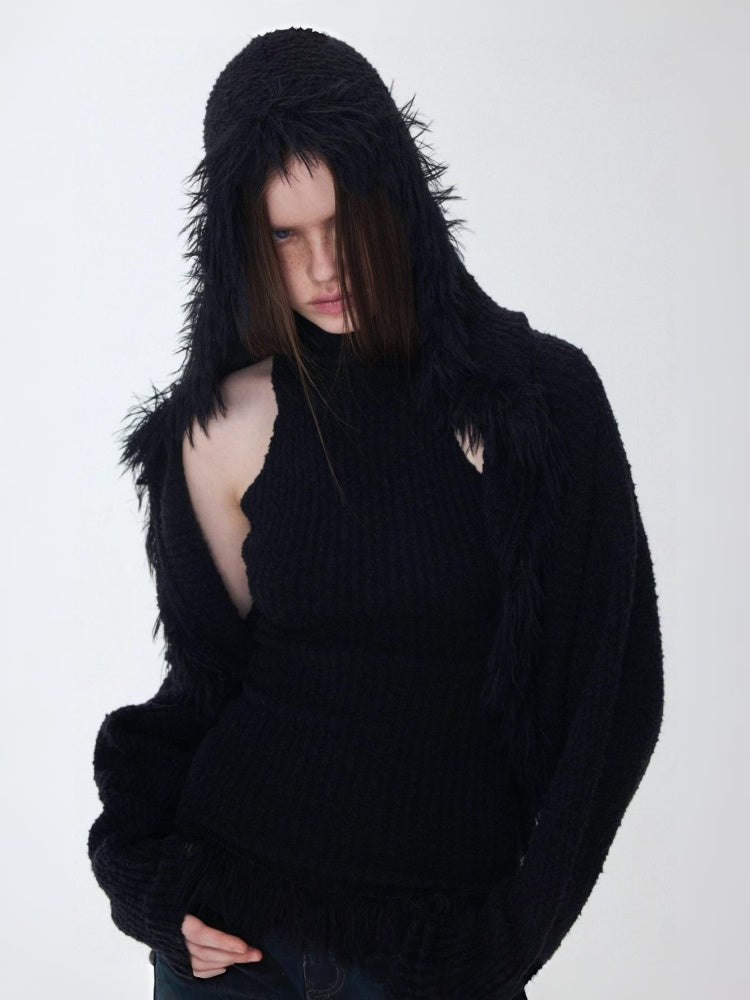 Imitation Mink Tassel Knit Vest Hooded Horn Buckle Loose Lazy Shoulder Set【s0000014971】