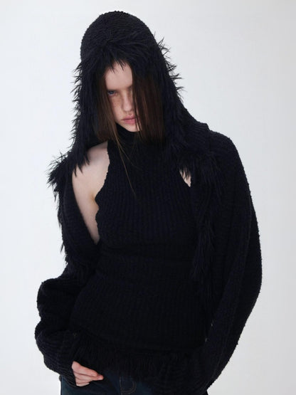 Imitation Mink Tassel Knit Vest Hooded Horn Buckle Loose Lazy Shoulder Set【s0000014971】