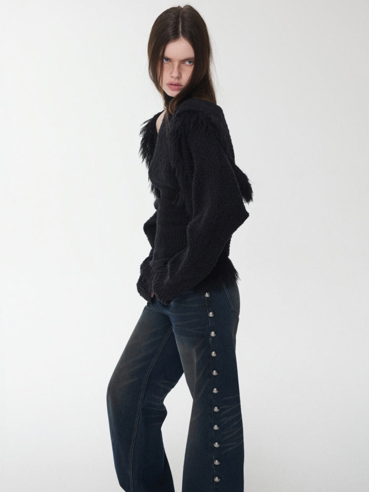 Imitation Mink Tassel Knit Vest Hooded Horn Buckle Loose Lazy Shoulder Set【s0000014971】