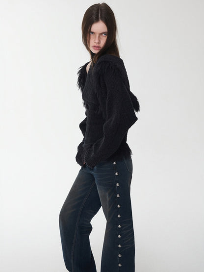Imitation Mink Tassel Knit Vest Hooded Horn Buckle Loose Lazy Shoulder Set【s0000014971】