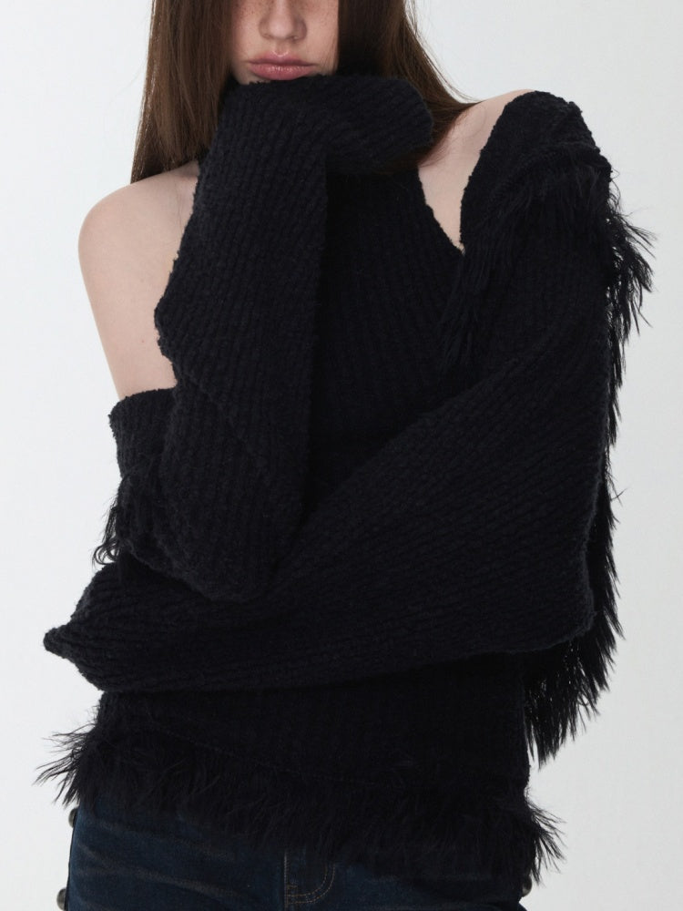 Imitation Mink Tassel Knit Vest Hooded Horn Buckle Loose Lazy Shoulder Set【s0000014971】