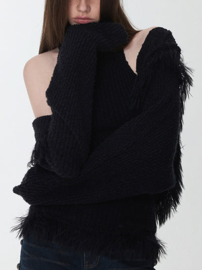 Imitation Mink Tassel Knit Vest Hooded Horn Buckle Loose Lazy Shoulder Set【s0000014971】