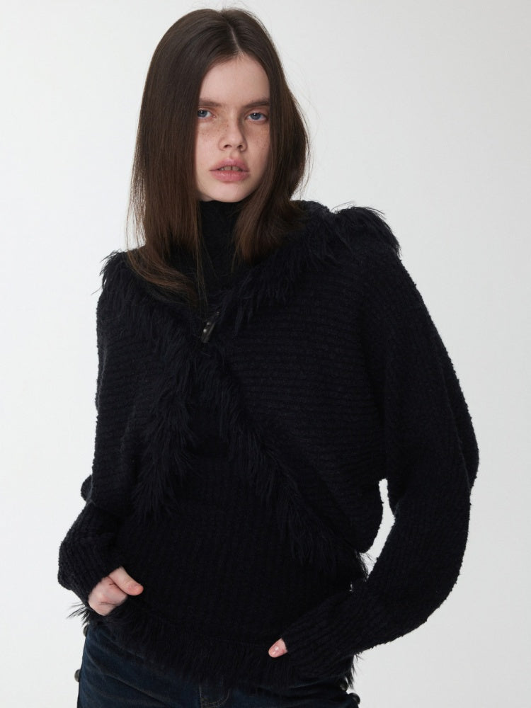 Imitation Mink Tassel Knit Vest Hooded Horn Buckle Loose Lazy Shoulder Set【s0000014971】