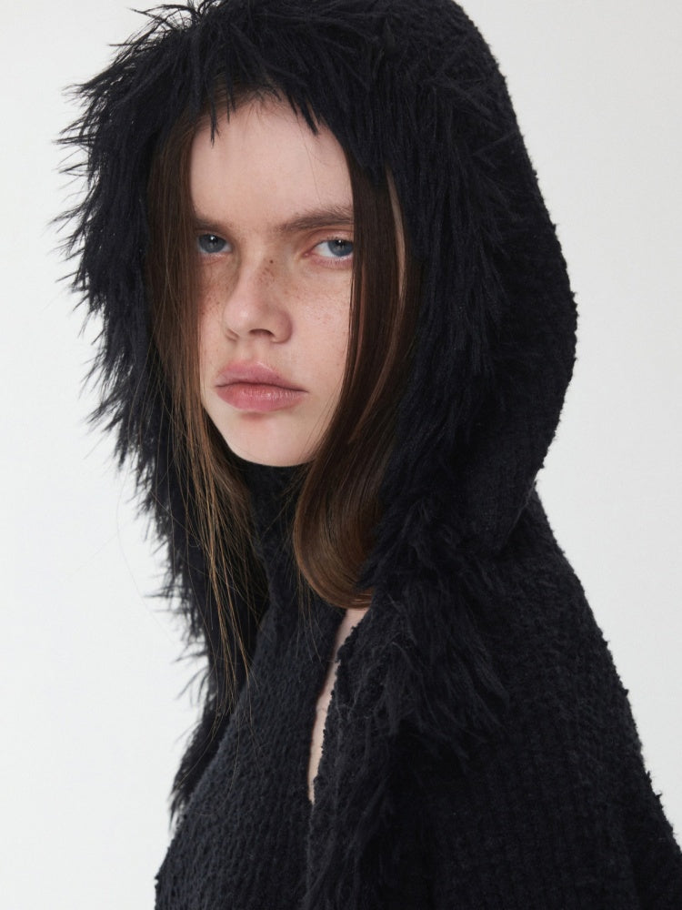 Imitation Mink Tassel Knit Vest Hooded Horn Buckle Loose Lazy Shoulder Set【s0000014971】