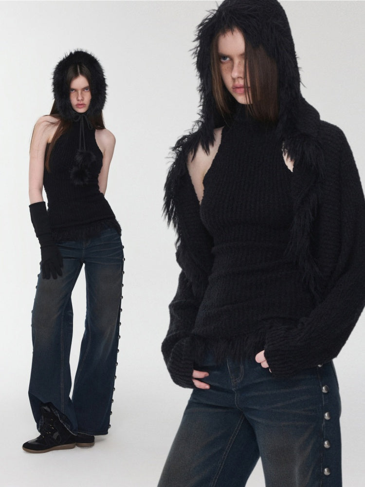 Imitation Mink Tassel Knit Vest Hooded Horn Buckle Loose Lazy Shoulder Set【s0000014971】