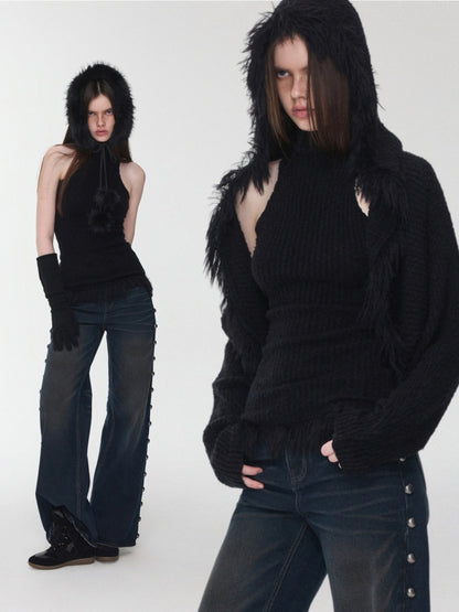 Imitation Mink Tassel Knit Vest Hooded Horn Buckle Loose Lazy Shoulder Set【s0000014971】