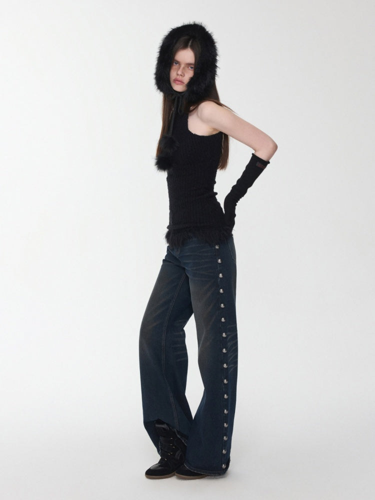 Imitation Mink Tassel Knit Vest Hooded Horn Buckle Loose Lazy Shoulder Set【s0000014971】