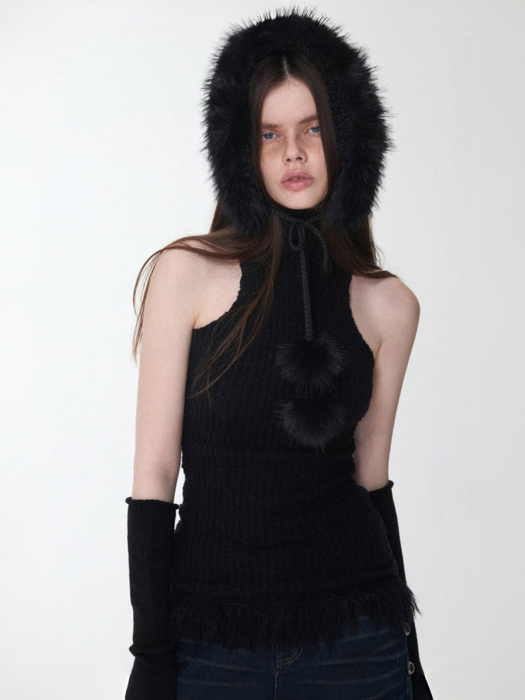 Imitation Mink Tassel Knit Vest Hooded Horn Buckle Loose Lazy Shoulder Set【s0000014971】