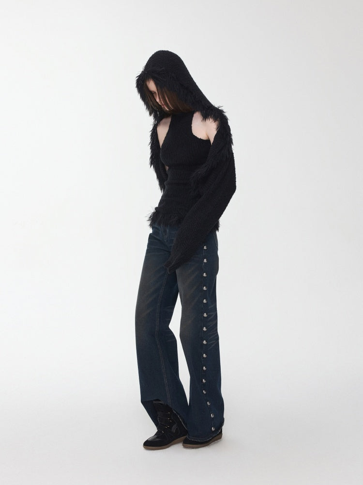 Imitation Mink Tassel Knit Vest Hooded Horn Buckle Loose Lazy Shoulder Set【s0000014971】