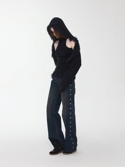 Imitation Mink Tassel Knit Vest Hooded Horn Buckle Loose Lazy Shoulder Set【s0000014971】