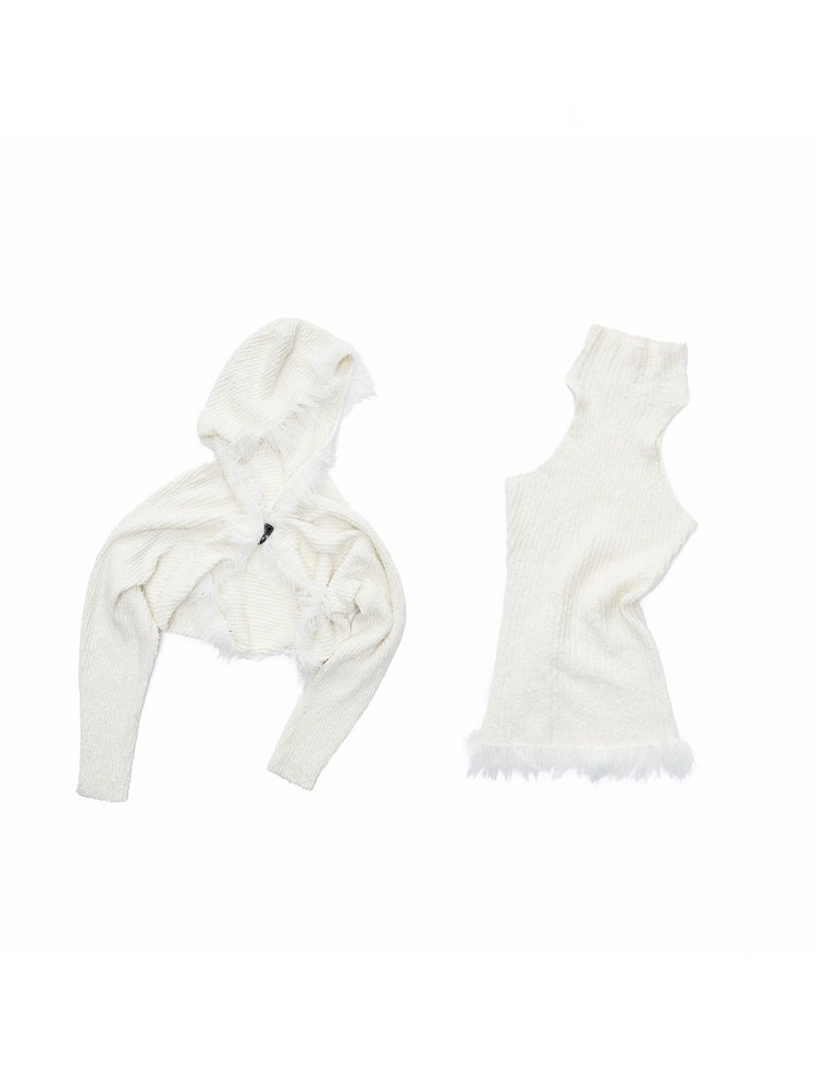 Imitation Mink Tassel Knit Vest Hooded Horn Buckle Loose Lazy Shoulder Set【s0000014971】