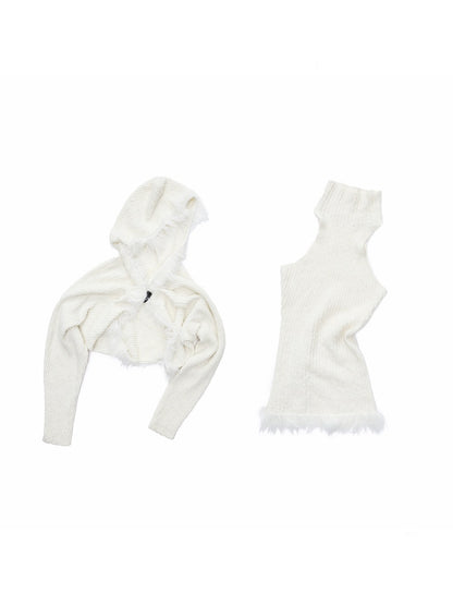 Imitation Mink Tassel Knit Vest Hooded Horn Buckle Loose Lazy Shoulder Set【s0000014971】