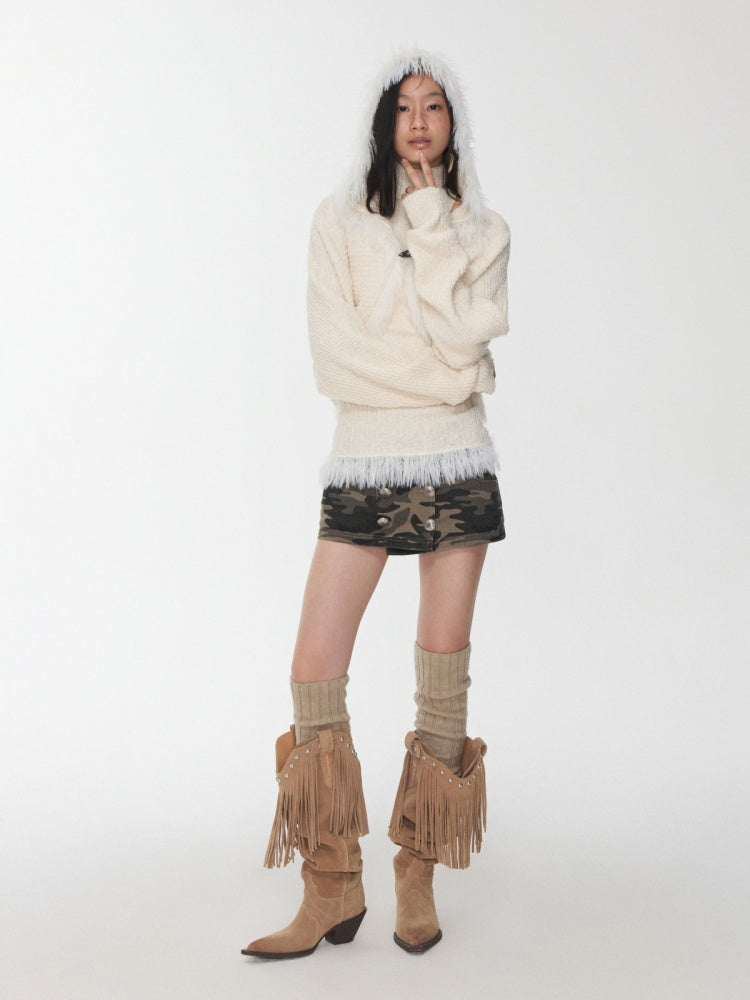 Imitation Mink Tassel Knit Vest Hooded Horn Buckle Loose Lazy Shoulder Set【s0000014971】