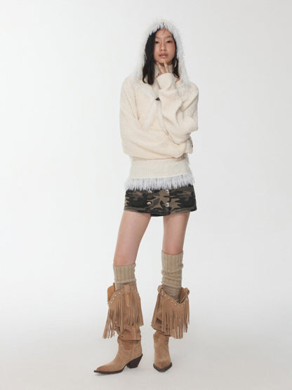 Imitation Mink Tassel Knit Vest Hooded Horn Buckle Loose Lazy Shoulder Set【s0000014971】