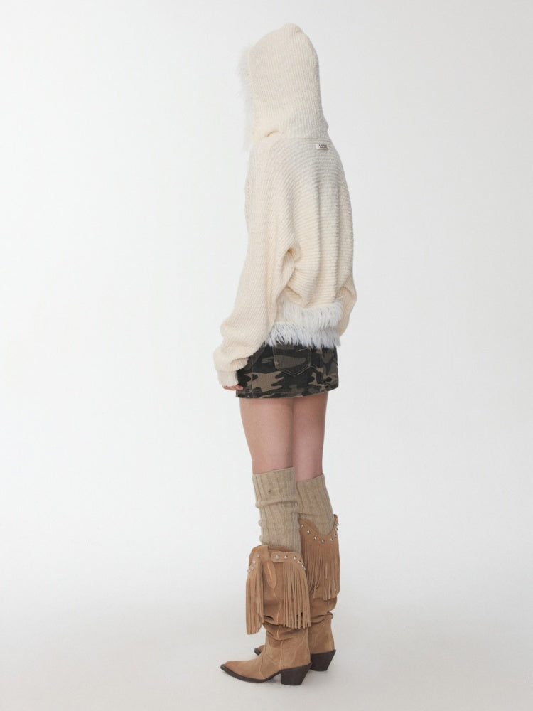 Imitation Mink Tassel Knit Vest Hooded Horn Buckle Loose Lazy Shoulder Set【s0000014971】