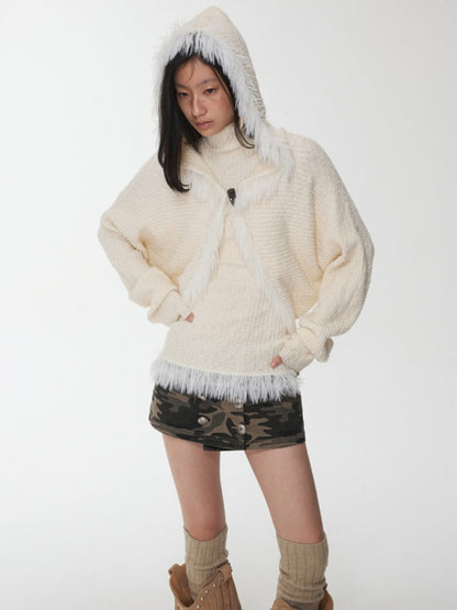 Imitation Mink Tassel Knit Vest Hooded Horn Buckle Loose Lazy Shoulder Set【s0000014971】