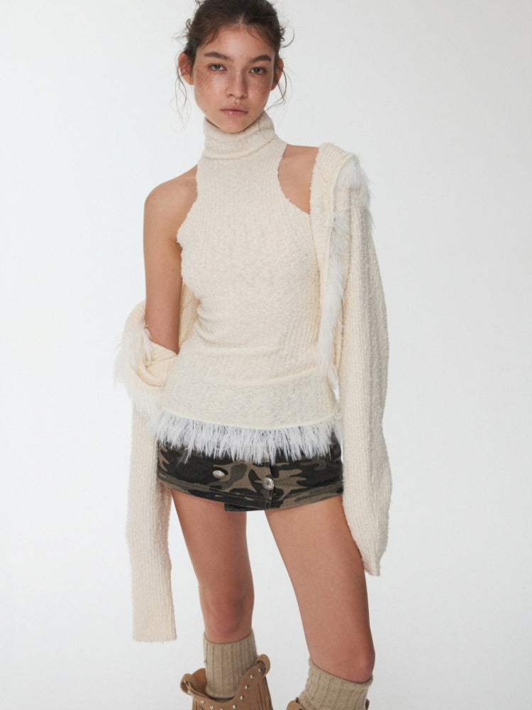 Imitation Mink Tassel Knit Vest Hooded Horn Buckle Loose Lazy Shoulder Set【s0000014971】