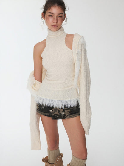 Imitation Mink Tassel Knit Vest Hooded Horn Buckle Loose Lazy Shoulder Set【s0000014971】