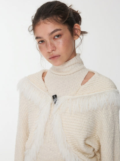 Imitation Mink Tassel Knit Vest Hooded Horn Buckle Loose Lazy Shoulder Set【s0000014971】