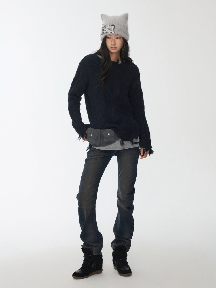 Wool Yarn Three-Dimensional Cable Raw Edge Loose Sweater Straight Dropped Shoulder Lazy Knit【s0000014972】