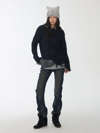 Wool Yarn Three-Dimensional Cable Raw Edge Loose Sweater Straight Dropped Shoulder Lazy Knit【s0000014972】