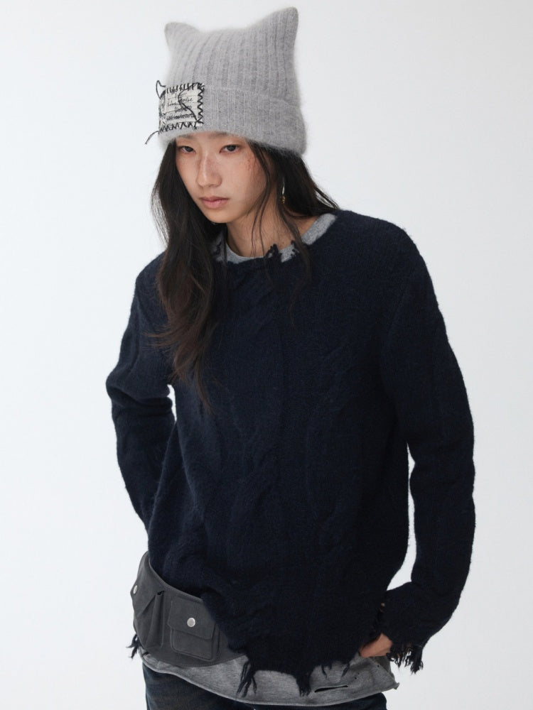 Wool Yarn Three-Dimensional Cable Raw Edge Loose Sweater Straight Dropped Shoulder Lazy Knit【s0000014972】