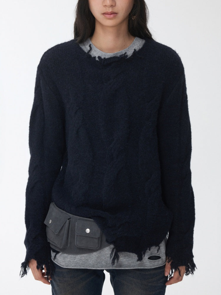 Wool Yarn Three-Dimensional Cable Raw Edge Loose Sweater Straight Dropped Shoulder Lazy Knit【s0000014972】