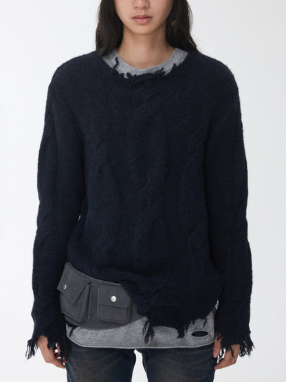 Wool Yarn Three-Dimensional Cable Raw Edge Loose Sweater Straight Dropped Shoulder Lazy Knit【s0000014972】