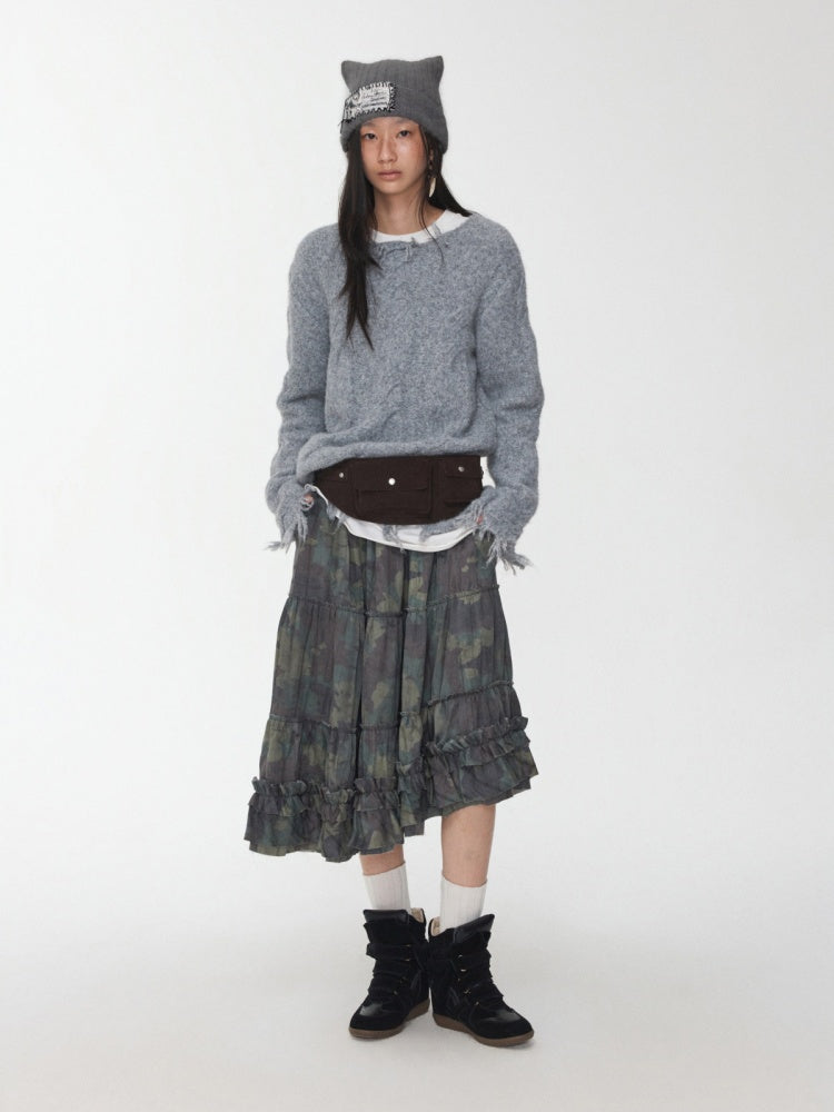 Wool Yarn Three-Dimensional Cable Raw Edge Loose Sweater Straight Dropped Shoulder Lazy Knit【s0000014972】
