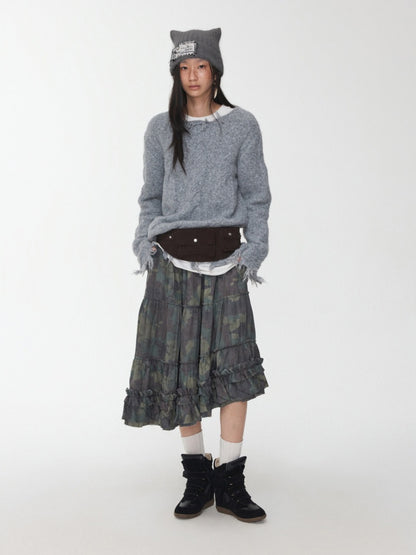 Wool Yarn Three-Dimensional Cable Raw Edge Loose Sweater Straight Dropped Shoulder Lazy Knit【s0000014972】