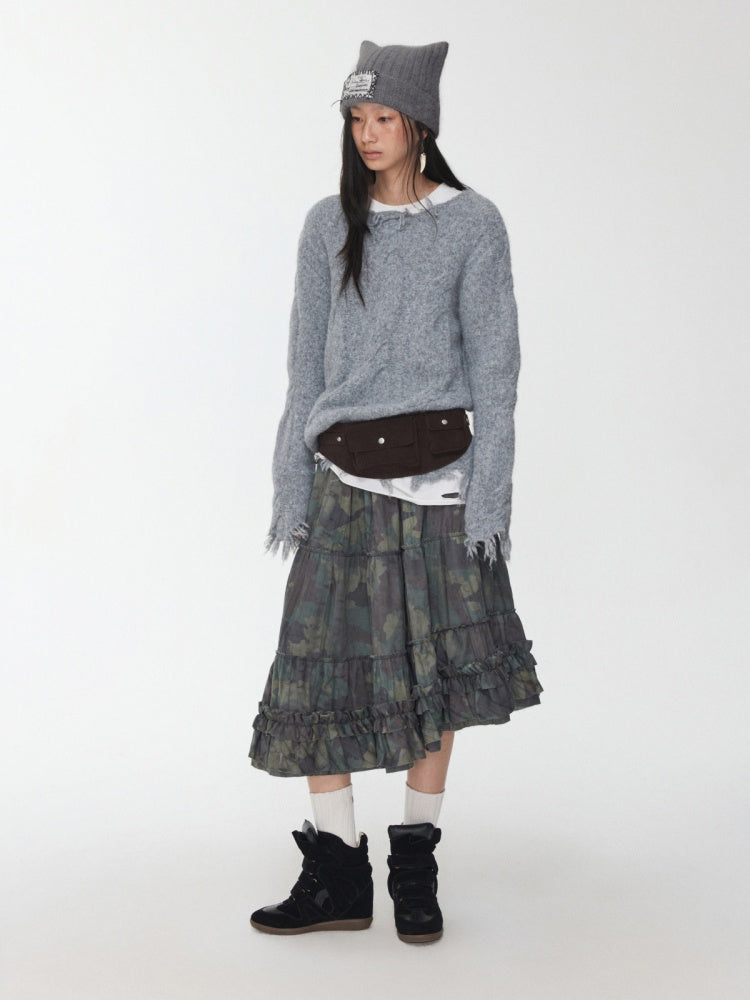 Wool Yarn Three-Dimensional Cable Raw Edge Loose Sweater Straight Dropped Shoulder Lazy Knit【s0000014972】