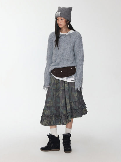 Wool Yarn Three-Dimensional Cable Raw Edge Loose Sweater Straight Dropped Shoulder Lazy Knit【s0000014972】
