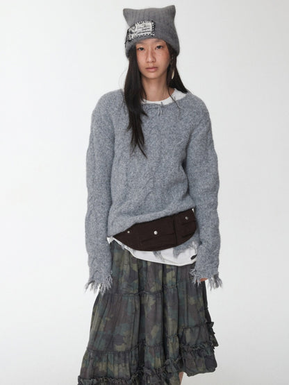 Wool Yarn Three-Dimensional Cable Raw Edge Loose Sweater Straight Dropped Shoulder Lazy Knit【s0000014972】
