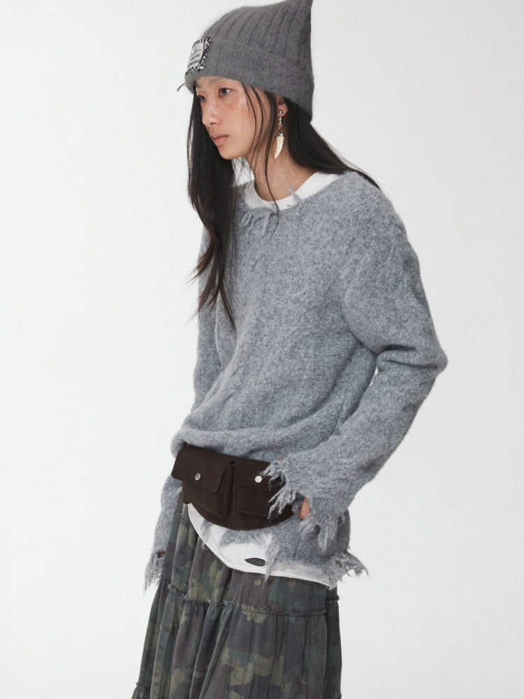 Wool Yarn Three-Dimensional Cable Raw Edge Loose Sweater Straight Dropped Shoulder Lazy Knit【s0000014972】