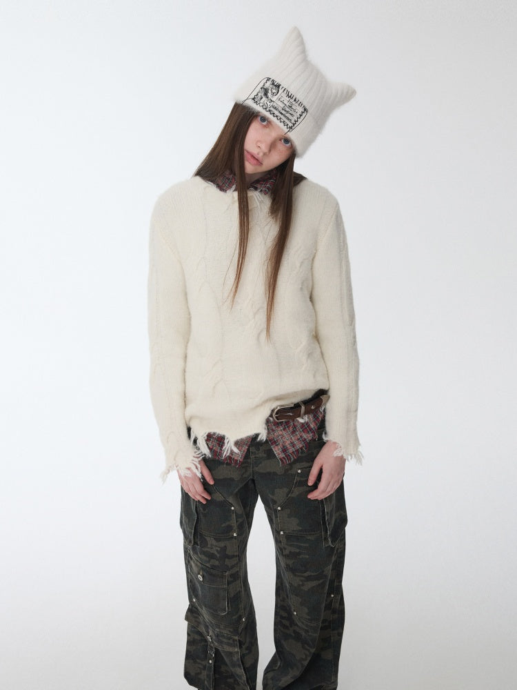 Wool Yarn Three-Dimensional Cable Raw Edge Loose Sweater Straight Dropped Shoulder Lazy Knit【s0000014972】