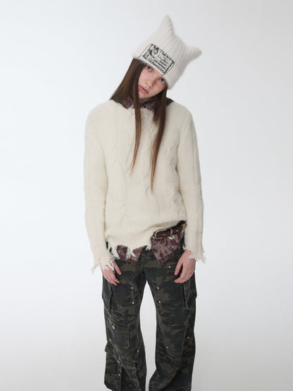Wool Yarn Three-Dimensional Cable Raw Edge Loose Sweater Straight Dropped Shoulder Lazy Knit【s0000014972】