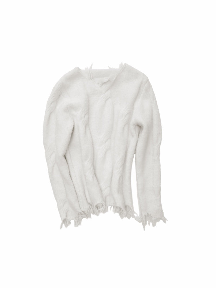 Wool Yarn Three-Dimensional Cable Raw Edge Loose Sweater Straight Dropped Shoulder Lazy Knit【s0000014972】