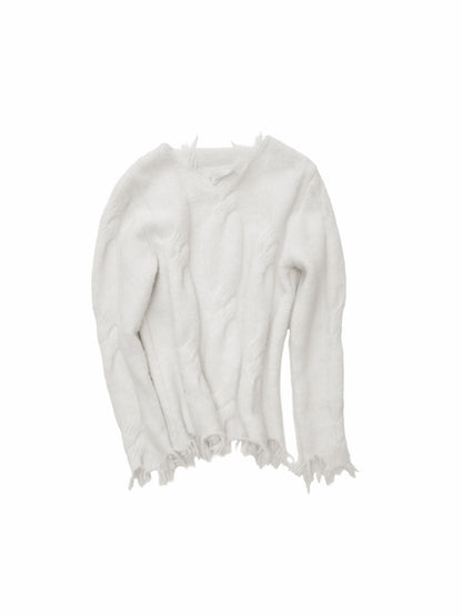 Wool Yarn Three-Dimensional Cable Raw Edge Loose Sweater Straight Dropped Shoulder Lazy Knit【s0000014972】