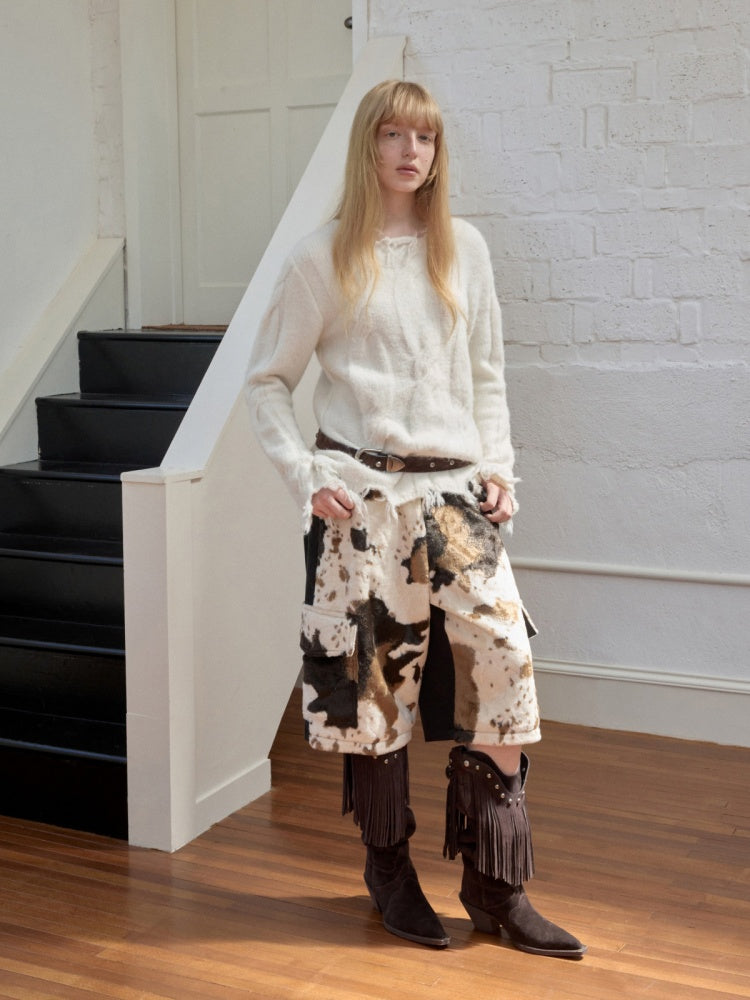 Wool Yarn Three-Dimensional Cable Raw Edge Loose Sweater Straight Dropped Shoulder Lazy Knit【s0000014972】