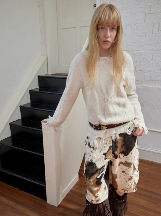 Wool Yarn Three-Dimensional Cable Raw Edge Loose Sweater Straight Dropped Shoulder Lazy Knit【s0000014972】