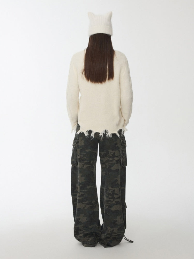 Wool Yarn Three-Dimensional Cable Raw Edge Loose Sweater Straight Dropped Shoulder Lazy Knit【s0000014972】