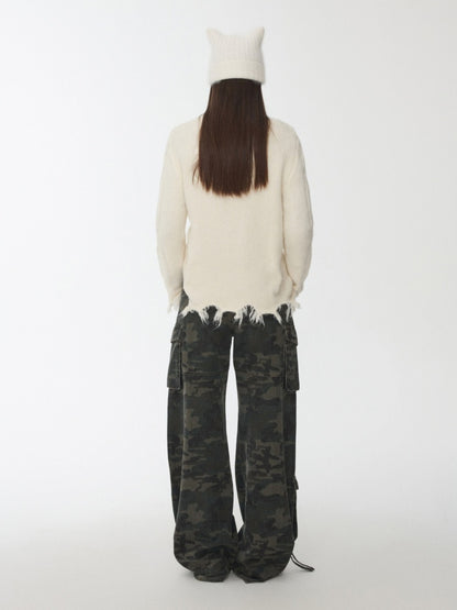 Wool Yarn Three-Dimensional Cable Raw Edge Loose Sweater Straight Dropped Shoulder Lazy Knit【s0000014972】