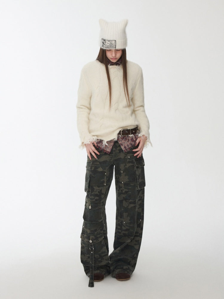 Wool Yarn Three-Dimensional Cable Raw Edge Loose Sweater Straight Dropped Shoulder Lazy Knit【s0000014972】