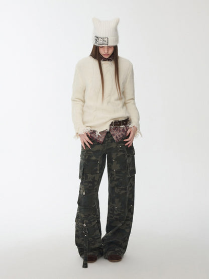Wool Yarn Three-Dimensional Cable Raw Edge Loose Sweater Straight Dropped Shoulder Lazy Knit【s0000014972】