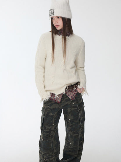 Wool Yarn Three-Dimensional Cable Raw Edge Loose Sweater Straight Dropped Shoulder Lazy Knit【s0000014972】